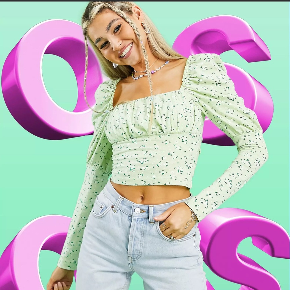 ASOS DESIGN square neck ruched bust long sleeve top in pastel floral